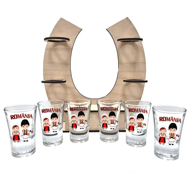 Copii port popular romania, suport potcoava din lemn cu 6 pahare tip shout, model hgs47